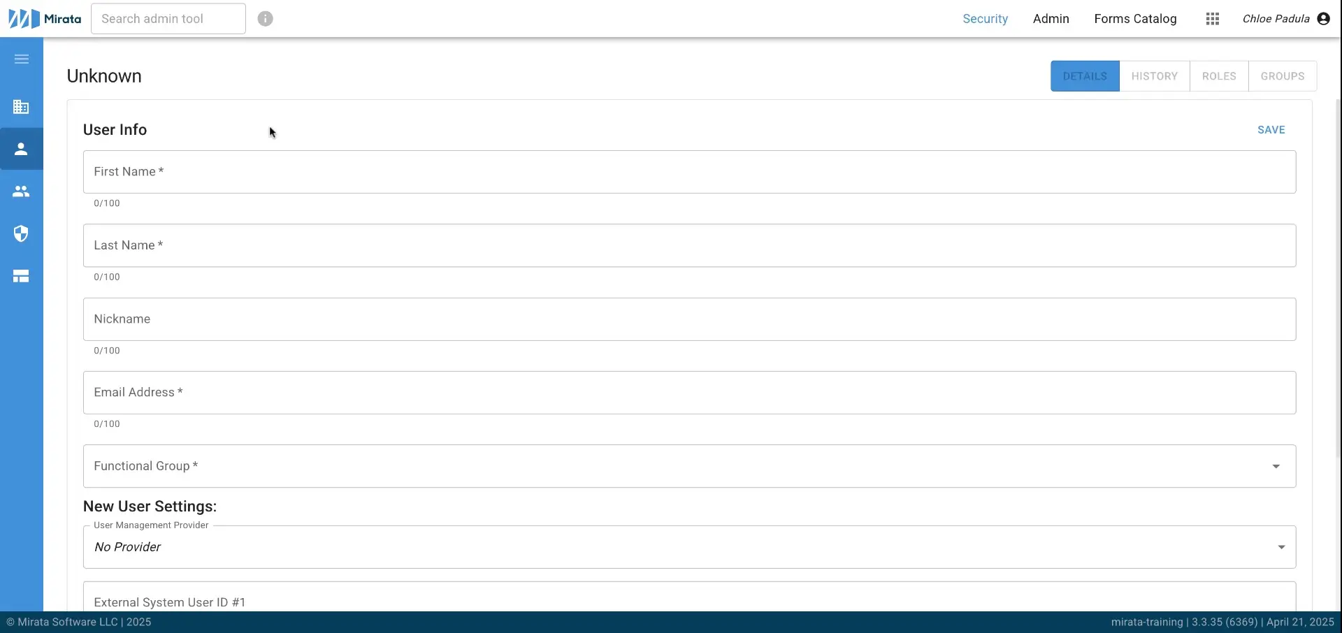 Mirata User Management screen for adding or editing user information with fields for personal details and user settings.