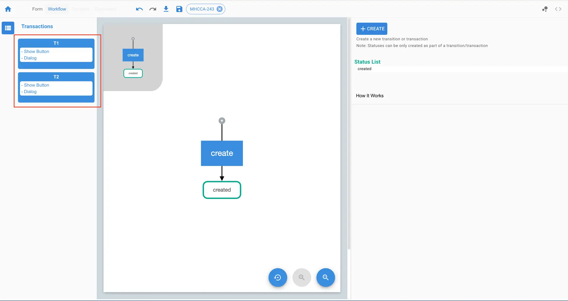 Mirata Workflow Editor showing daisy chaining with transactions T1 and T2