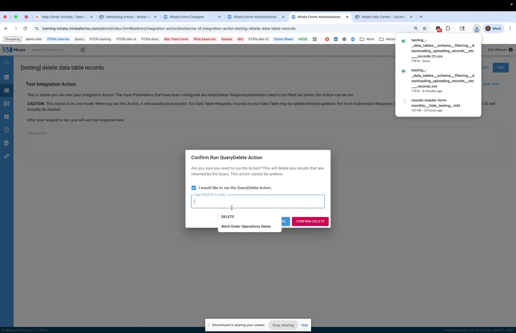 The user is confirming the deletion of data table records within the Mirata platform. They are prompted to type "DELETE" to verify the action before proceeding.