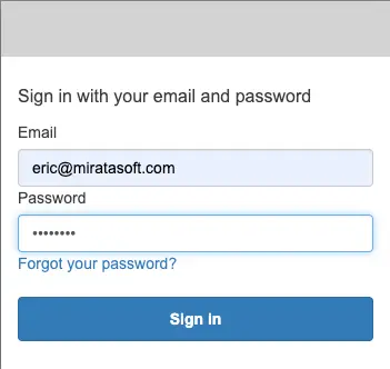 Mirata login screen with email and password fields, and a Sign In button.