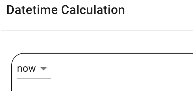 Mirata Forms feature showing Datetime Calculation with a dropdown menu labeled 'now'.