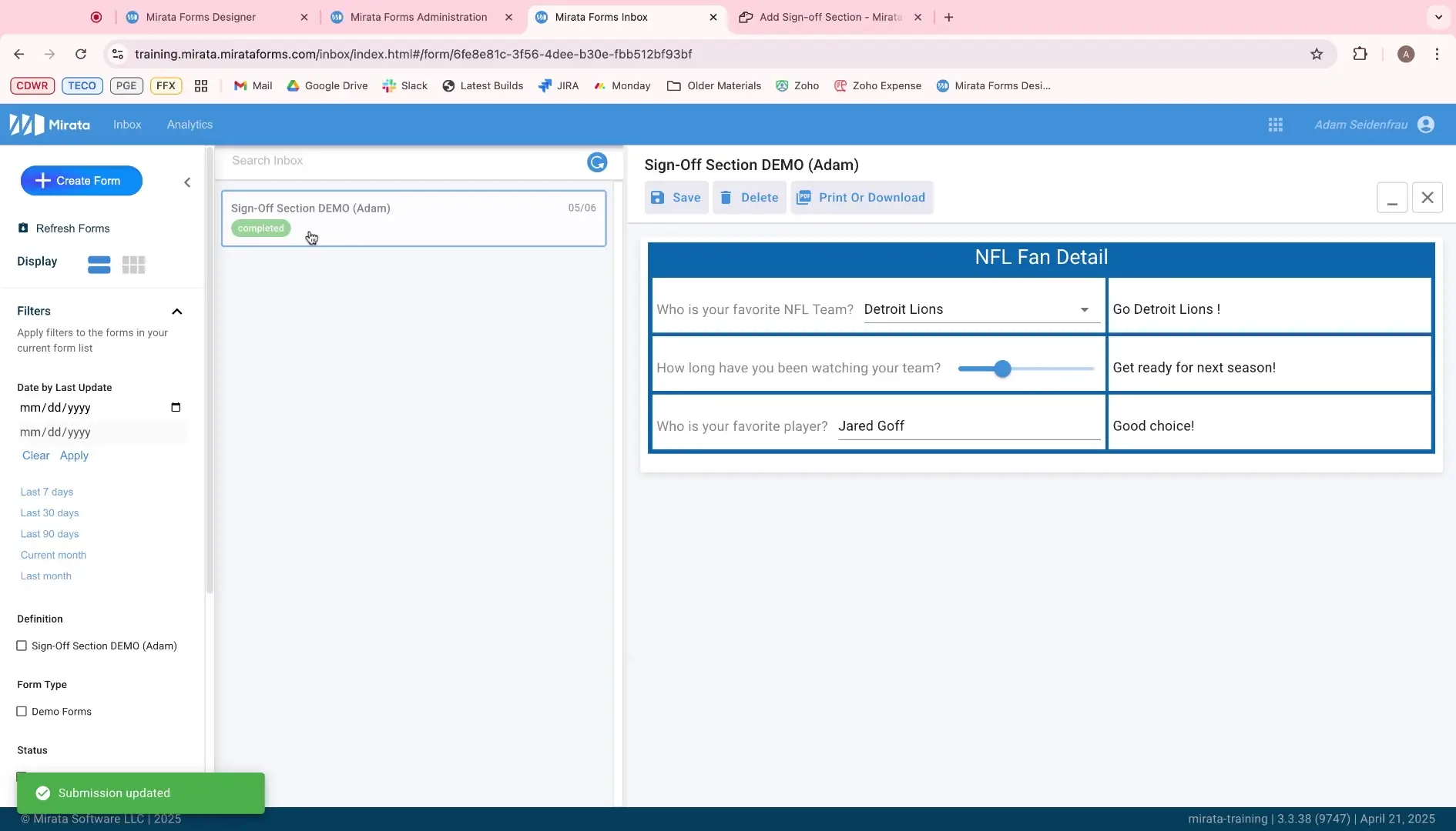 Mirata Inbox - Sign-Off Section DEMO (Adam) form with NFL Fan Detail fields.