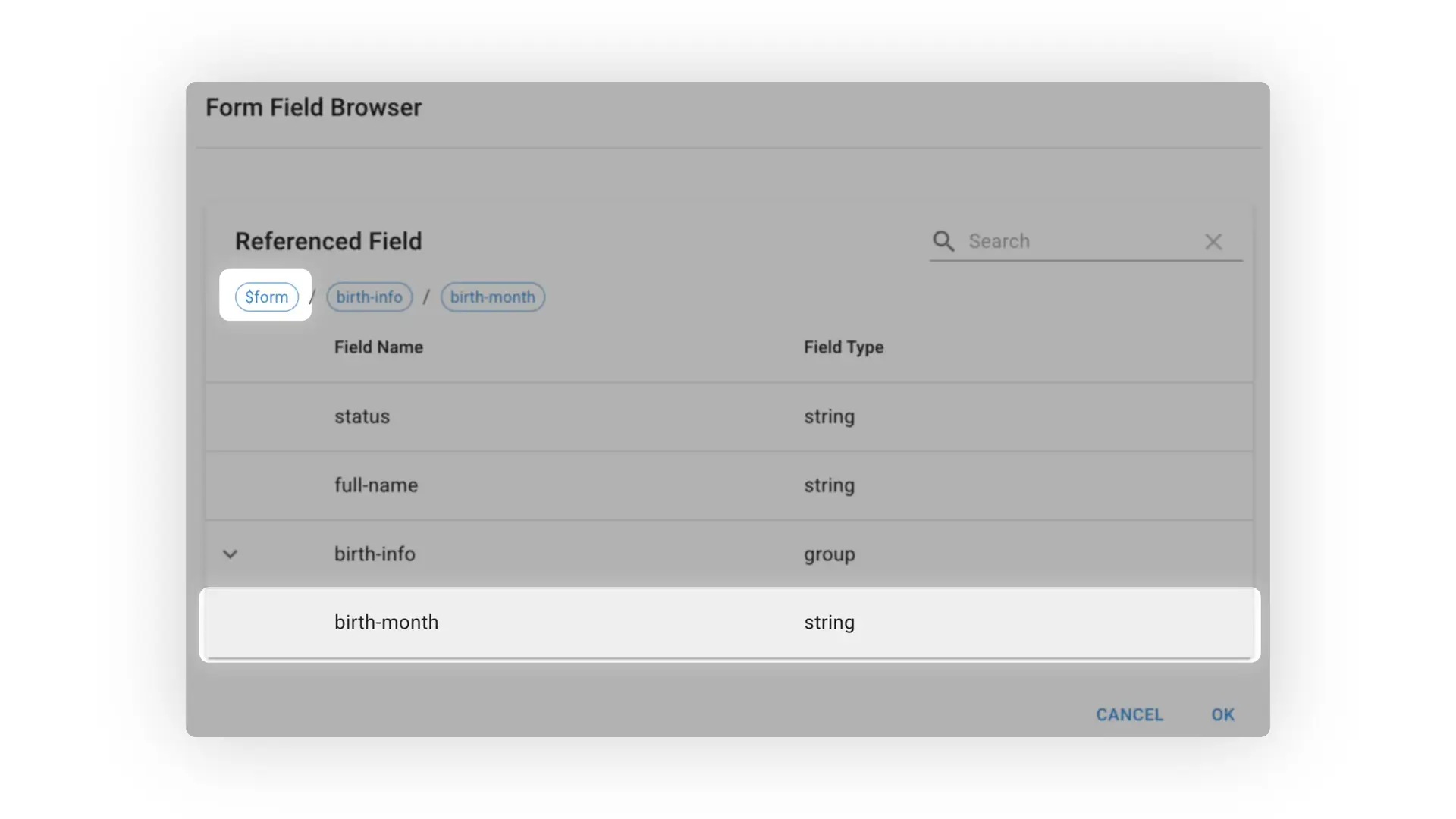 Mirata Form Field Browser interface showing referenced fields and types.