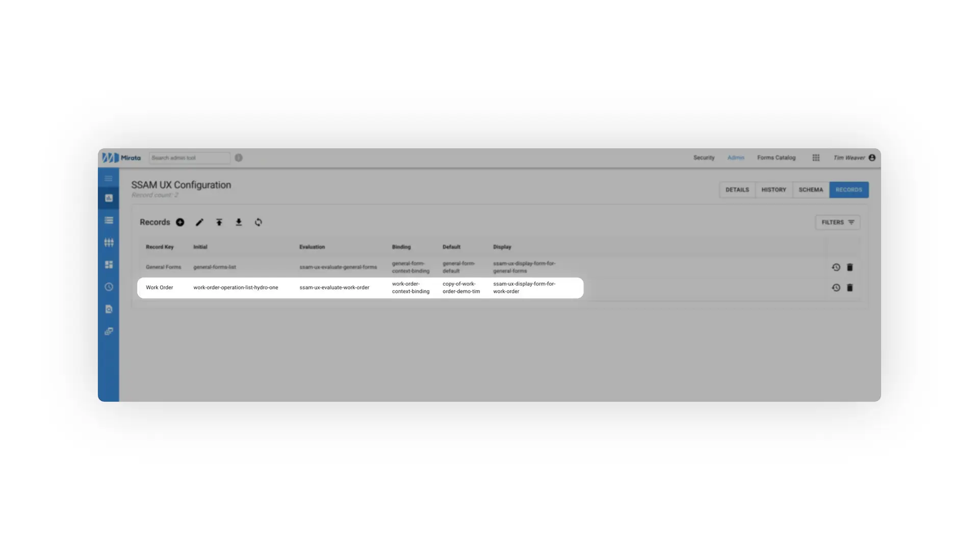 Mirata Admin SSAM UX Configuration Records tab