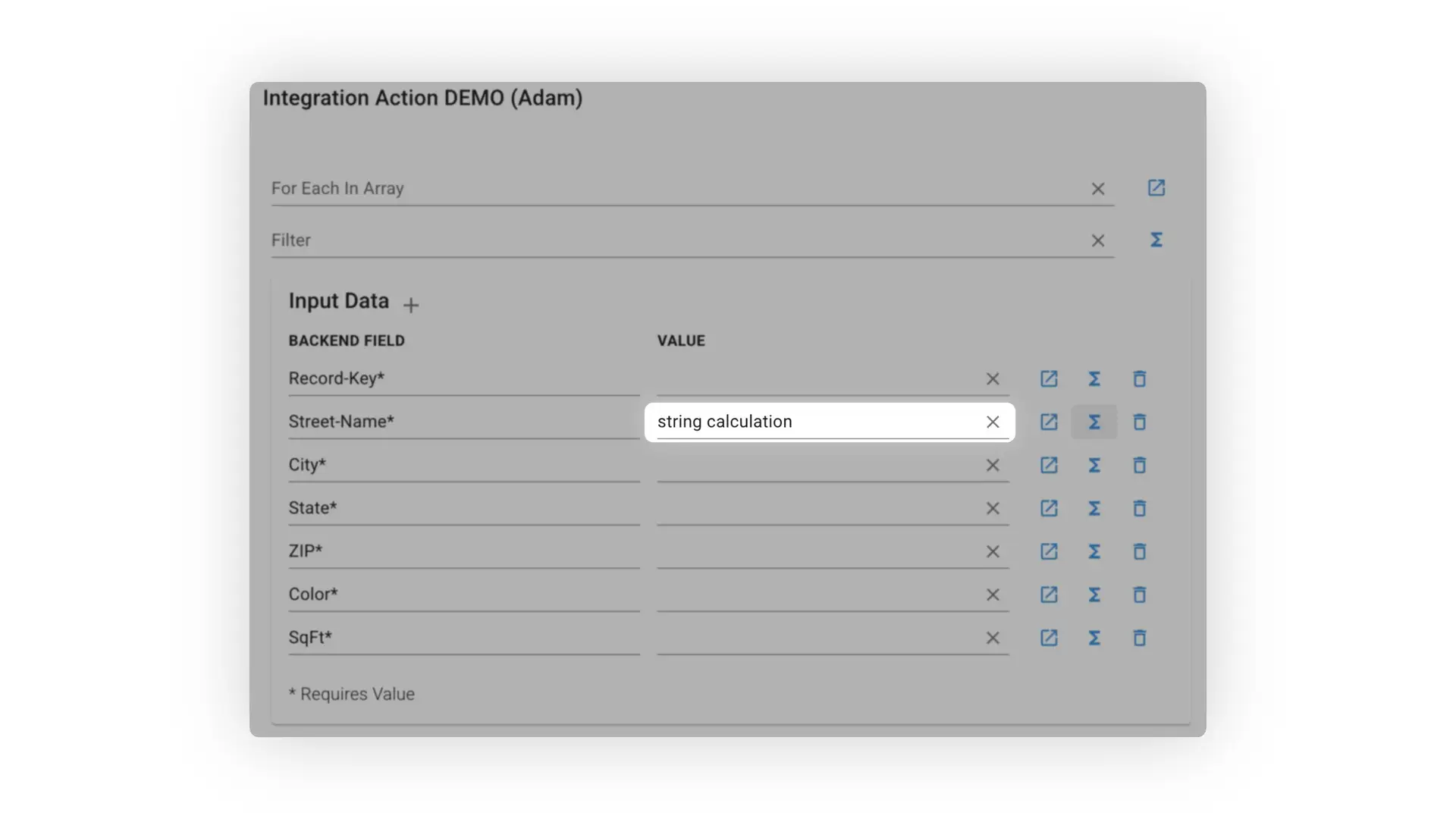 Mirata Integration Action DEMO screen showing input data fields for workflow integration.