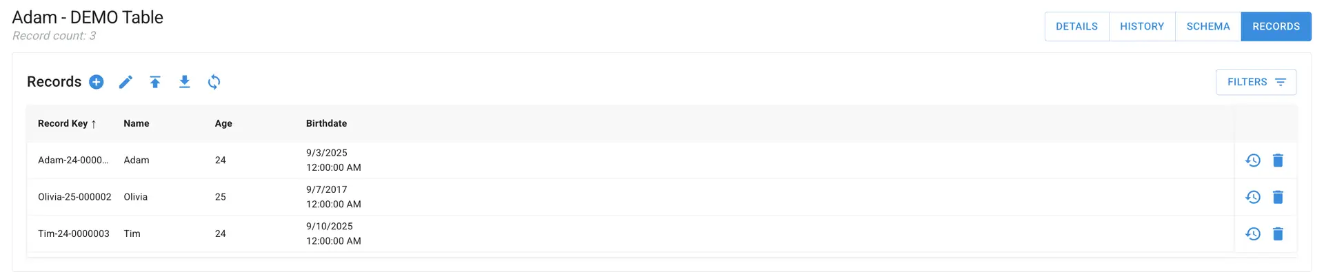 Mirata Data Management - Adam DEMO Table Records View