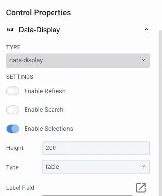 Mirata Control Properties panel for Data-Display configuration