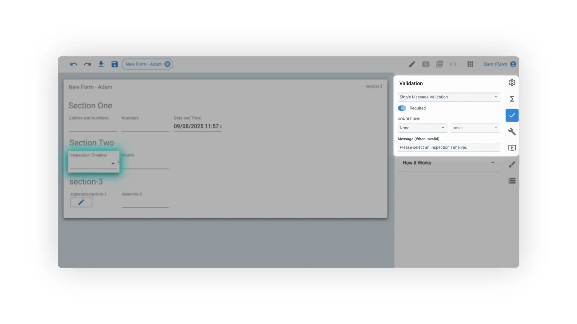 Mirata form creation interface showing form field validations for 'New Form - Adam'.