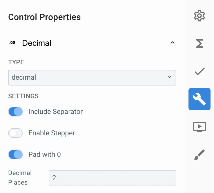 Mirata Control Properties panel for Decimal Input configuration