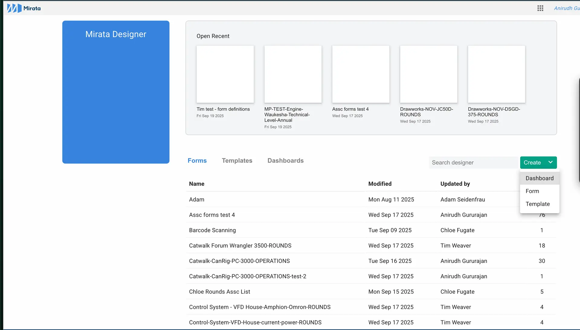 Mirata Designer interface showing forms list and create options