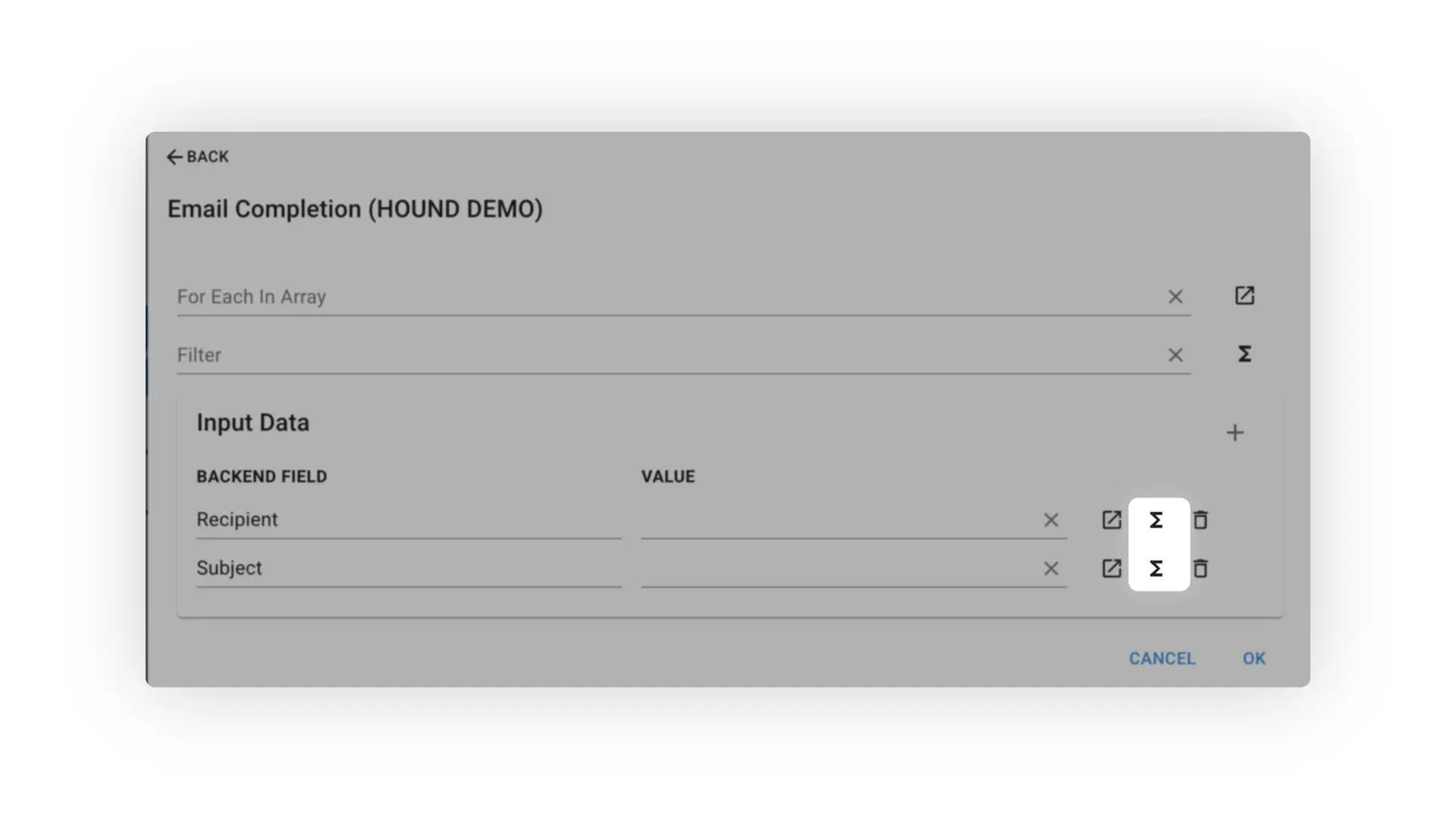 Mirata Email Completion HOUND DEMO screen for configuring workflow integration actions.