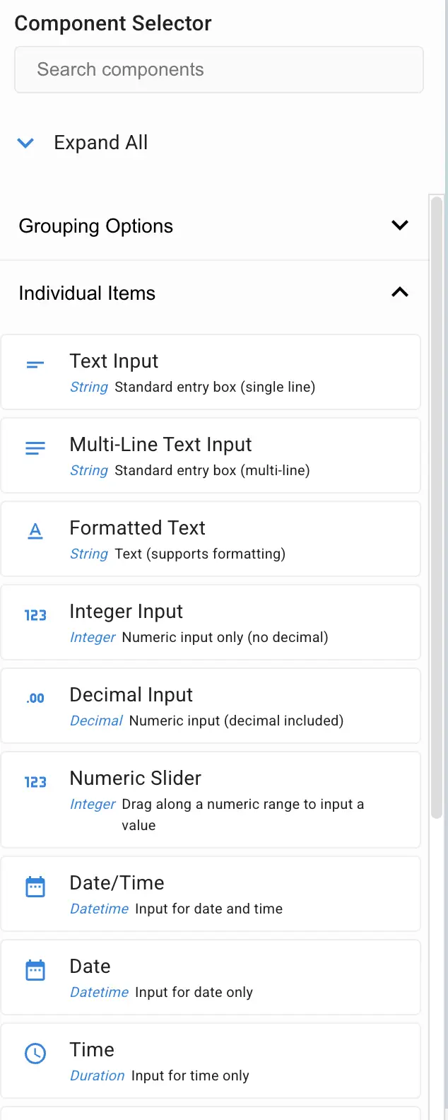 Mirata Component Selector panel showing various input components like Text Input, Multi-Line Text Input, and more.