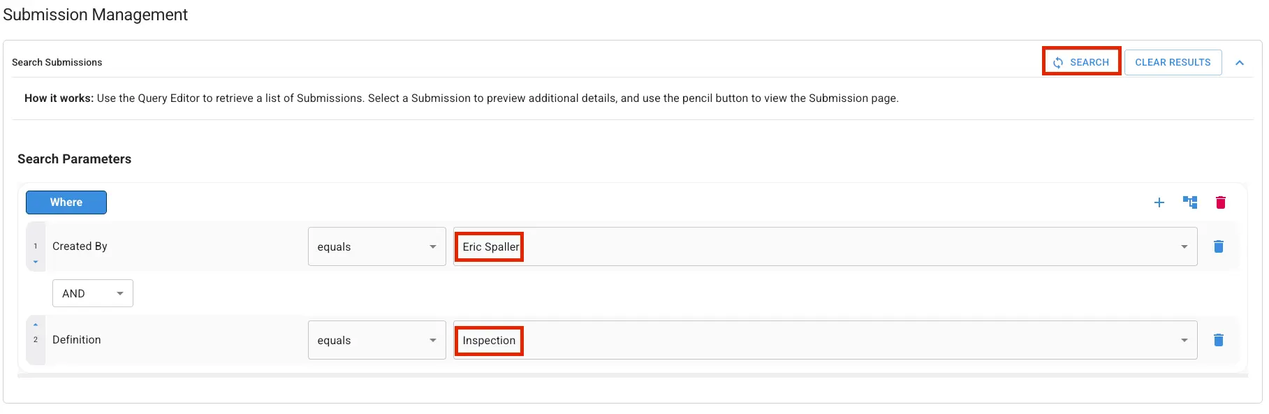 Mirata Submission Management Search Submissions interface with search parameters set for Created By Eric Spaller and Definition Inspection.