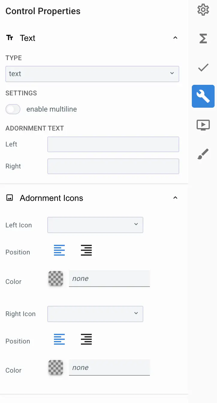 Mirata Control Properties panel for text input configuration