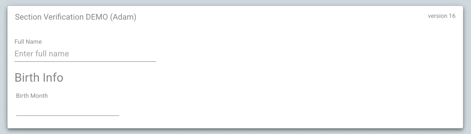 Mirata form section for Section Verification DEMO with fields for Full Name and Birth Month.