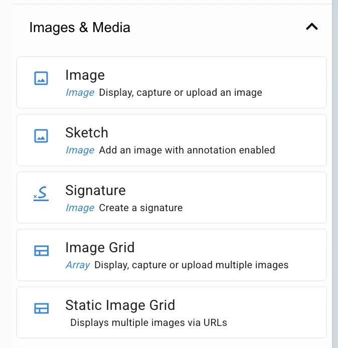 Mirata Forms feature showing Images & Media options including Image, Sketch, Signature, Image Grid, and Static Image Grid.