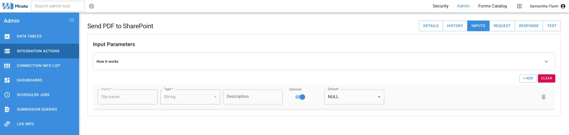 Mirata Admin panel showing Send PDF to SharePoint integration inputs