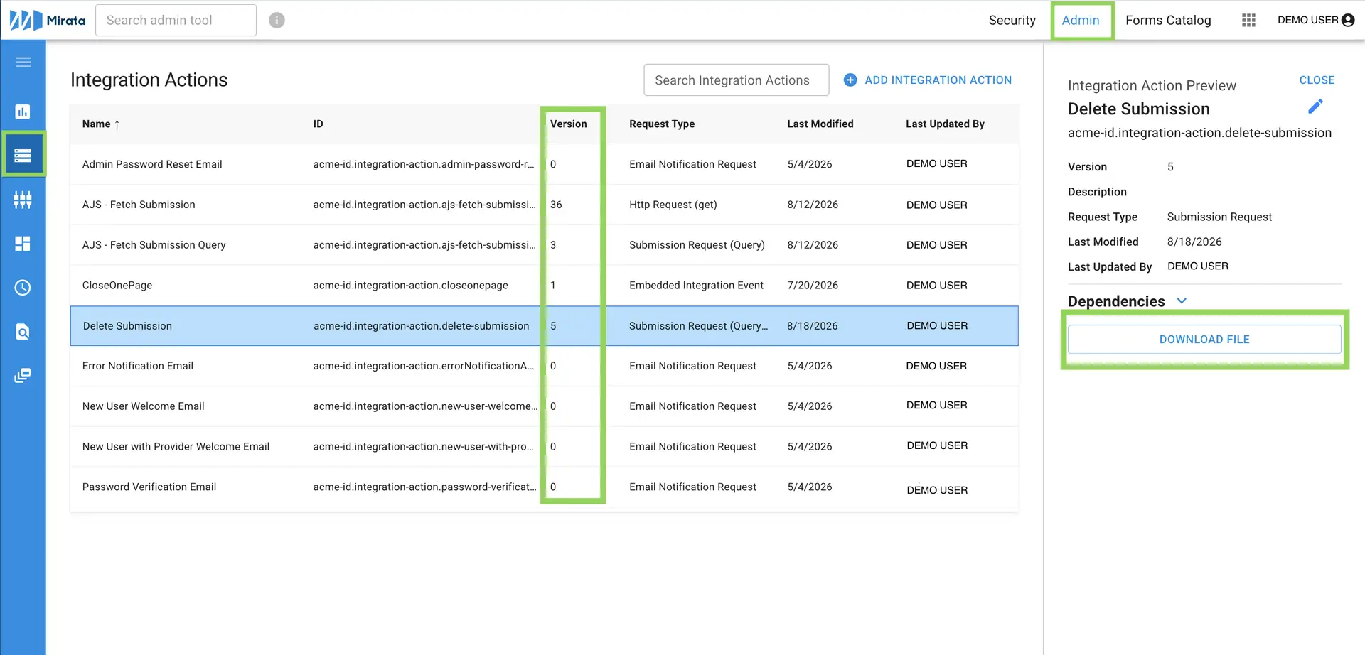 Mirata Admin Integration Actions page showing Delete Submission details