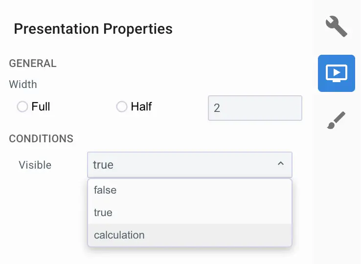 Mirata Presentation Properties panel showing width and visibility settings for form components.