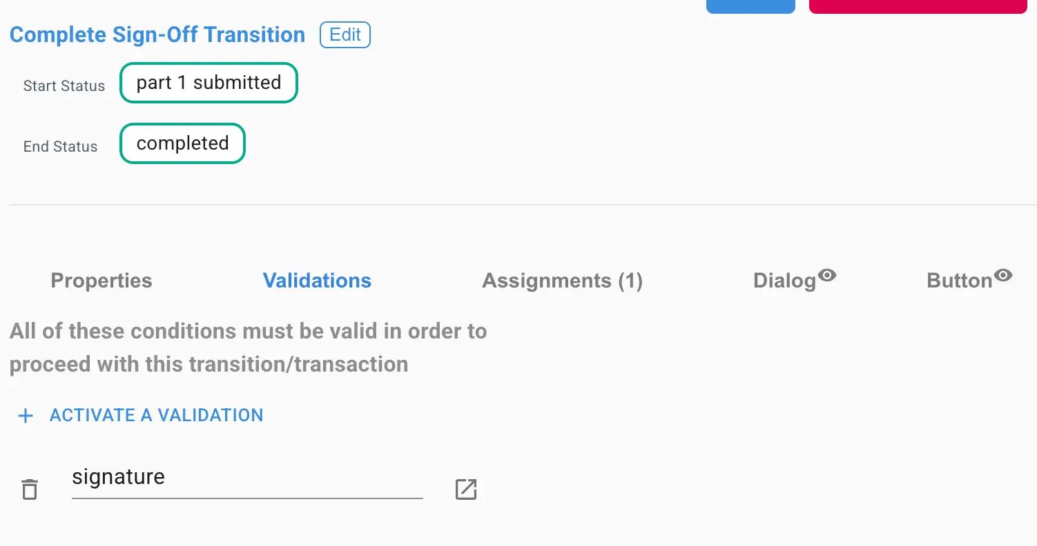 Mirata Forms Complete Sign-Off Transition screen showing start and end status with validation options.