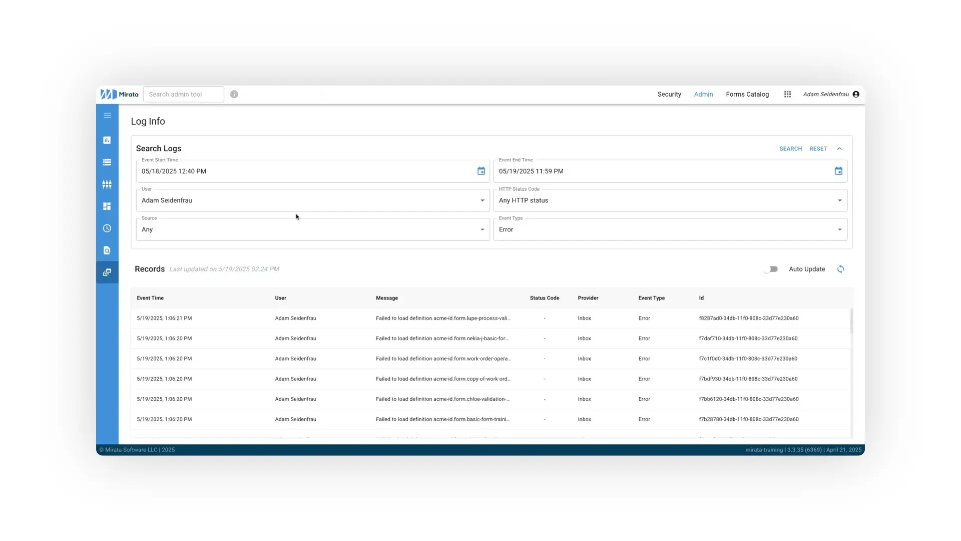 Mirata Admin Error Log page showing search filters and log records.