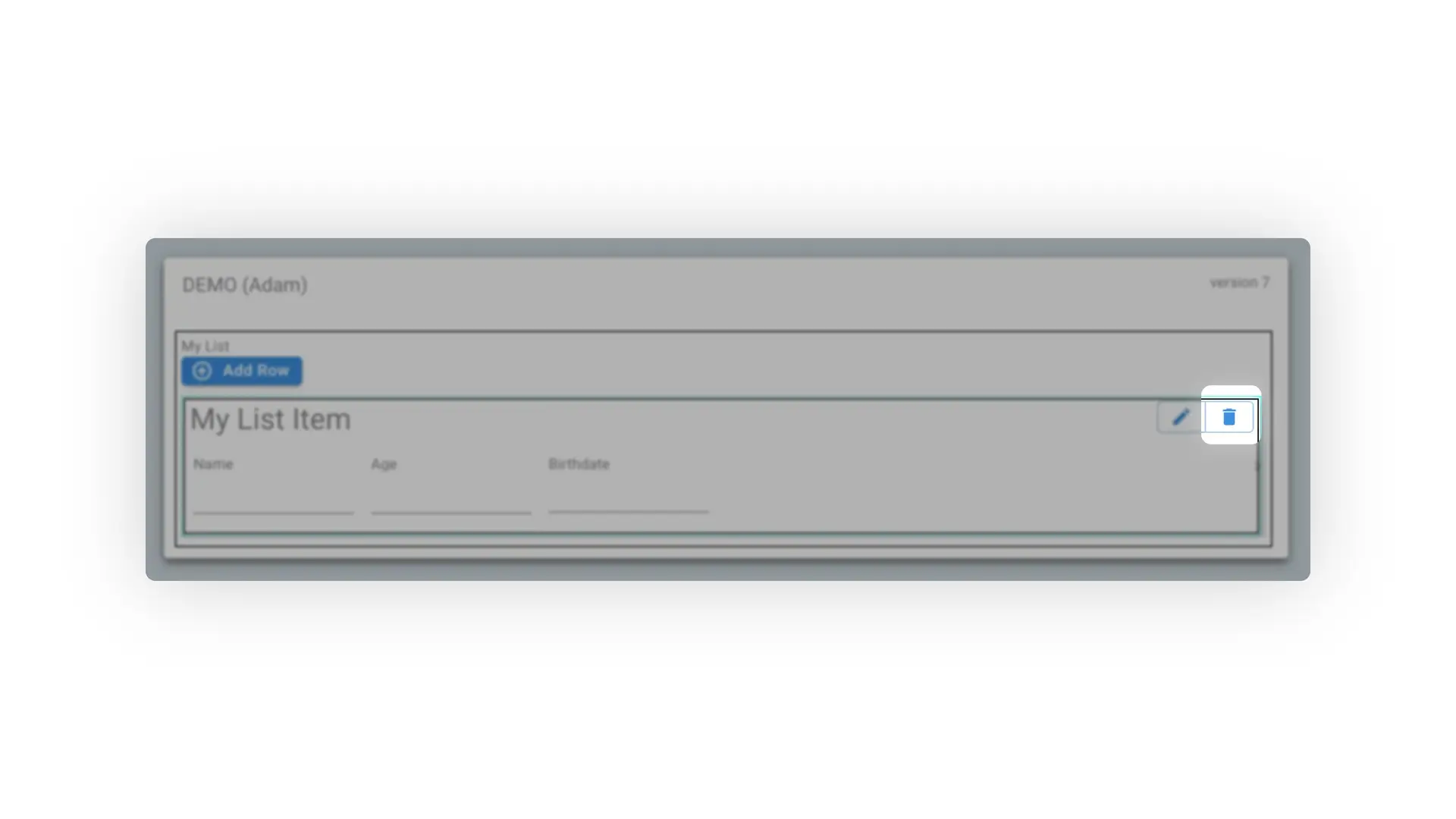 Mirata Forms My List screen with Add Row button and list item fields for Name, Age, and Birthdate.