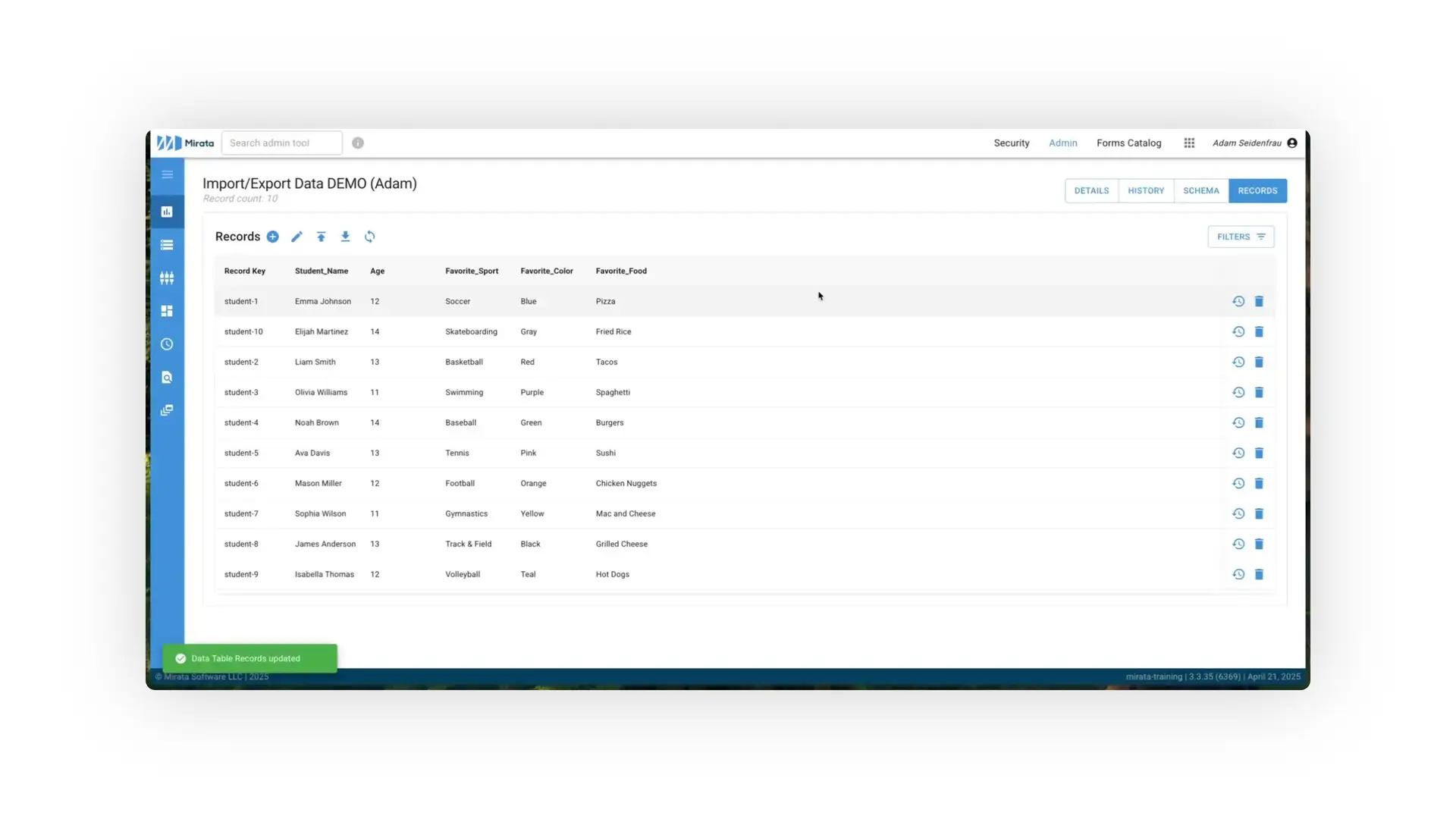 Mirata Import/Export Data DEMO page showing student records table.