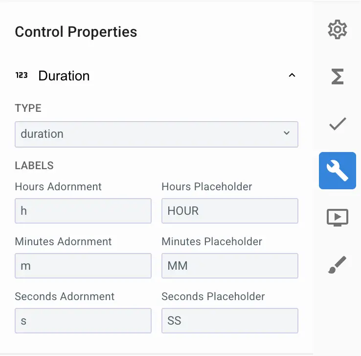 Mirata Control Properties panel for Duration component configuration