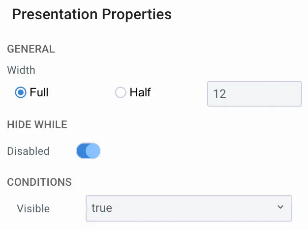 Mirata Forms Presentation Properties settings screen showing width, hide while, and visibility conditions.