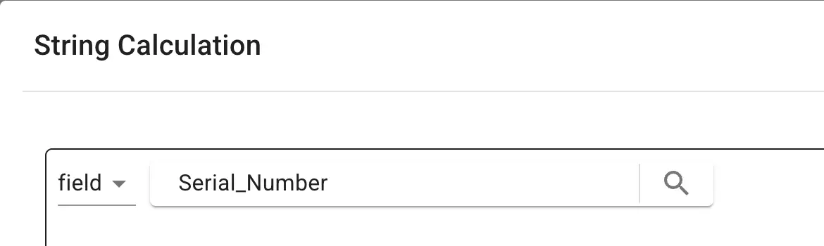 Mirata Forms feature showing a String Calculation section with a field dropdown and search icon.