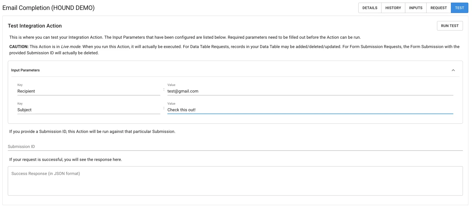 Mirata Integration Actions Test Integration Action screen