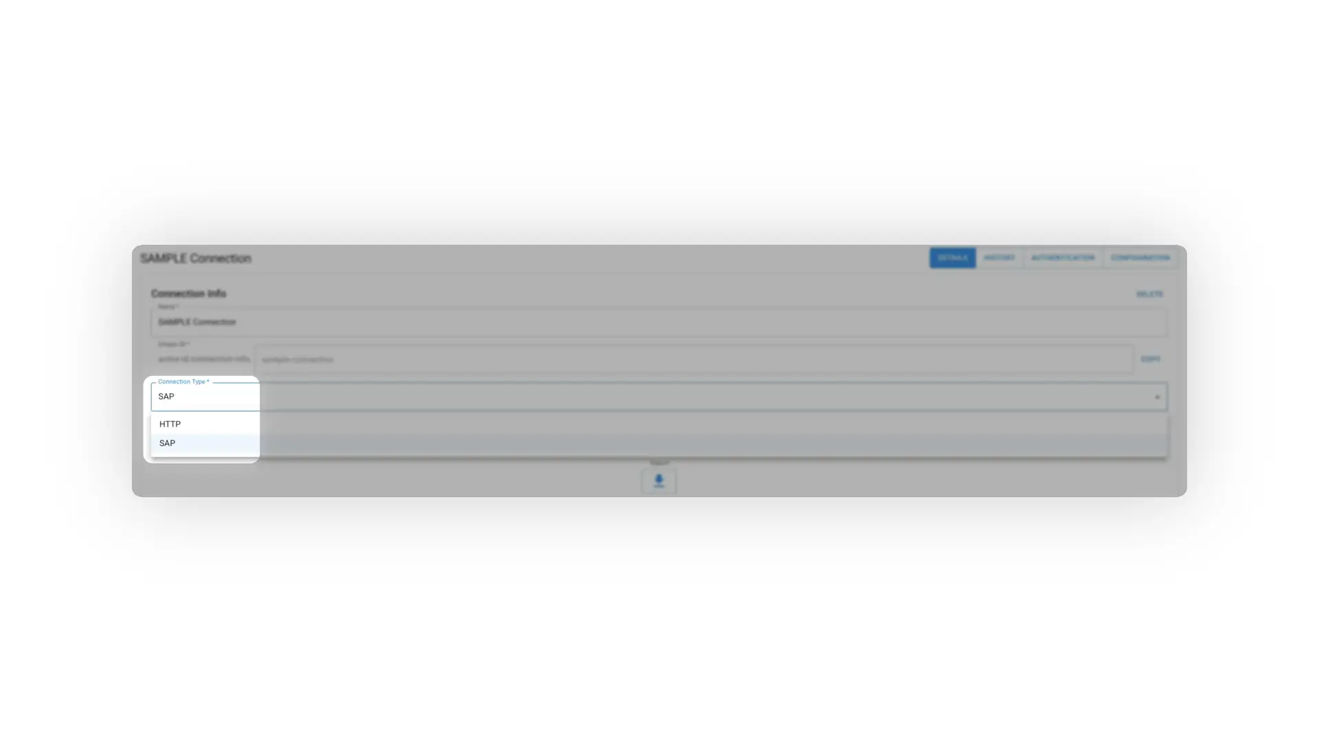 Mirata platform SAMPLE Connection details tab for establishing external connections