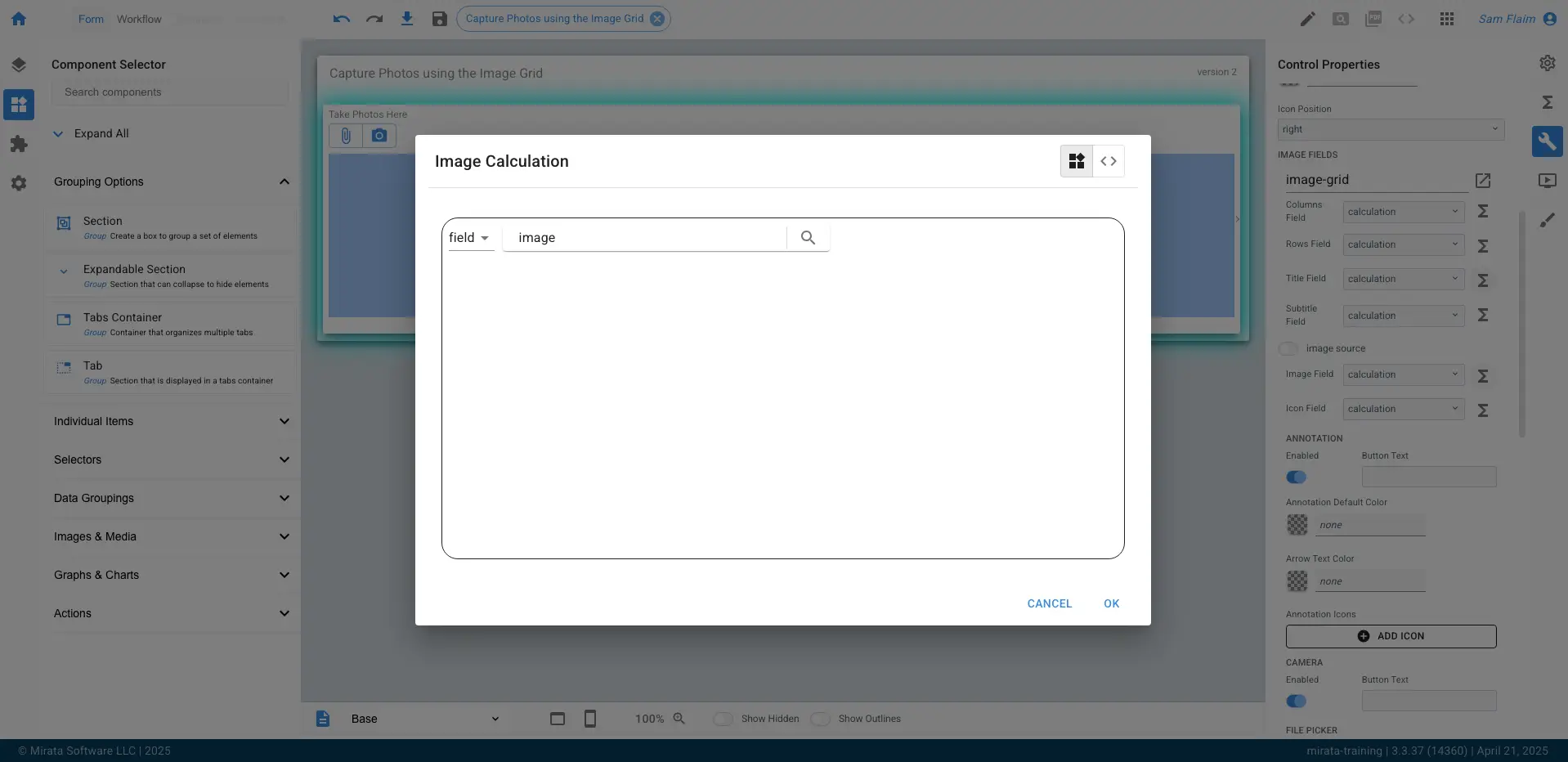 Mirata platform Image Calculation dialog in form design feature with component selector and control properties.
