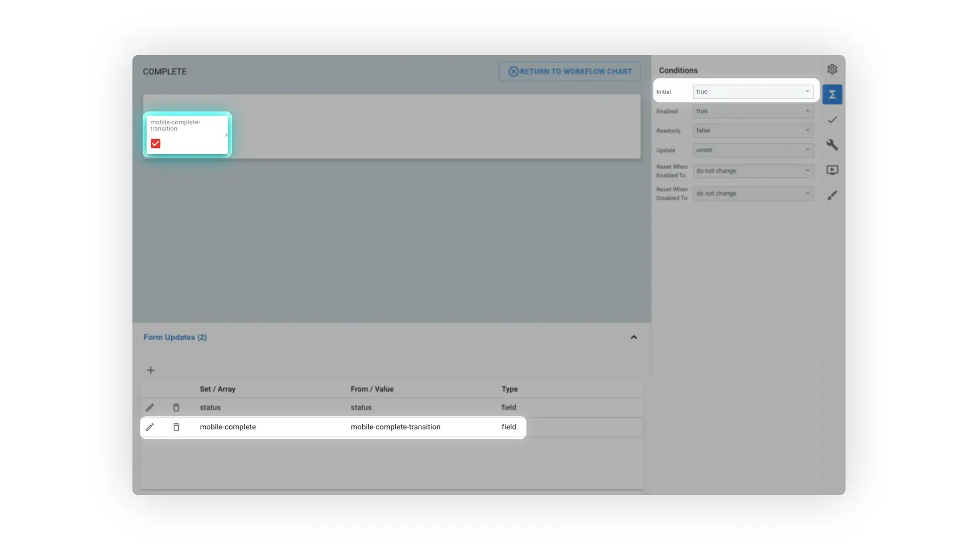 Mirata platform form completion screen with mobile-complete-transition field and conditions panel