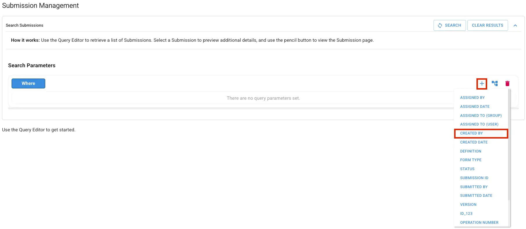 Mirata Submission Management screen showing search parameters and query editor options.