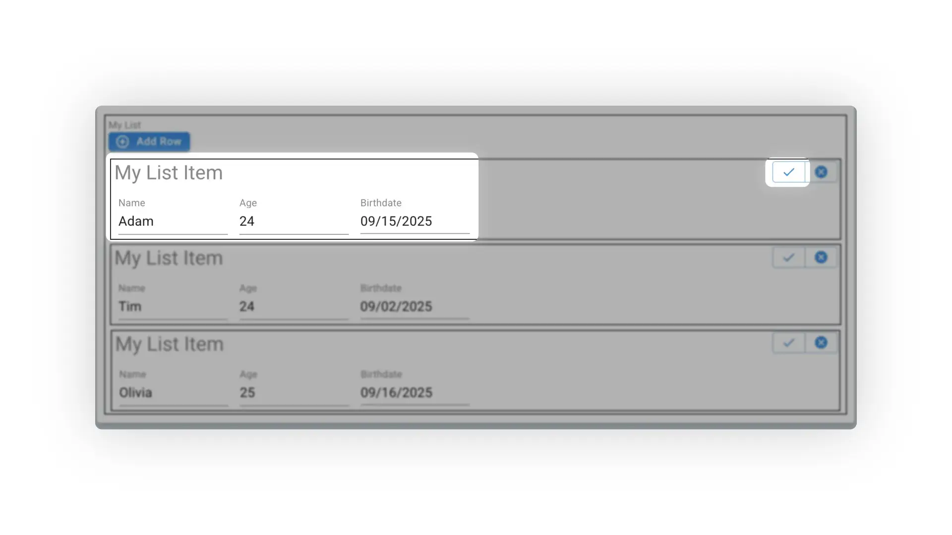 Mirata Forms feature showing a customized list with entries for Adam, Tim, and Olivia.