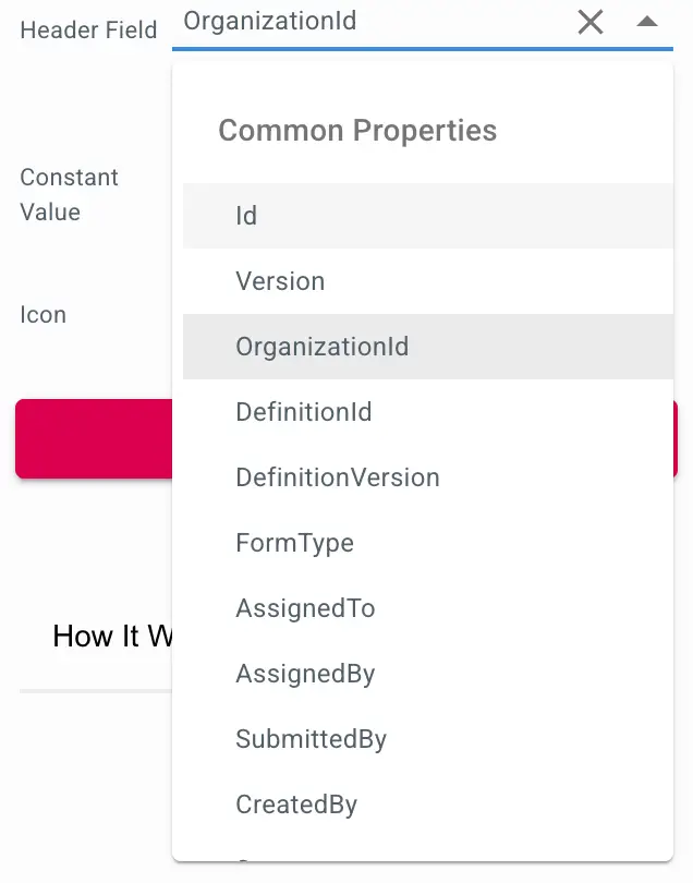 Mirata dashboard data management dropdown menu showing common properties like OrganizationId.
