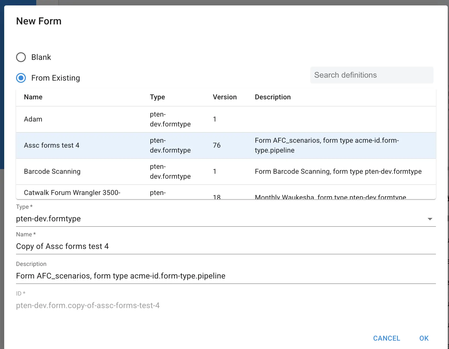 Mirata New Form creation screen with options to create from existing forms