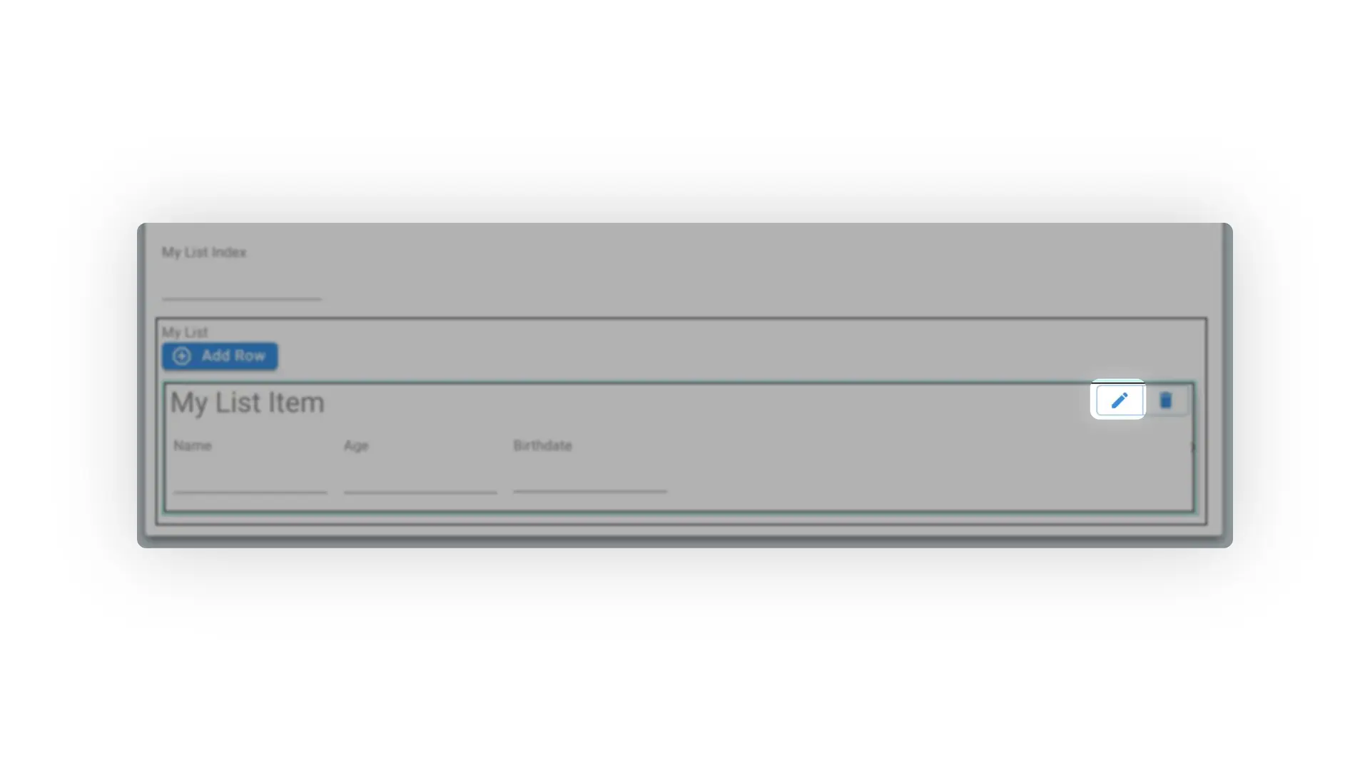 Mirata Forms - Customized List Transitions screen showing My List with Add Row button and editable list item fields.