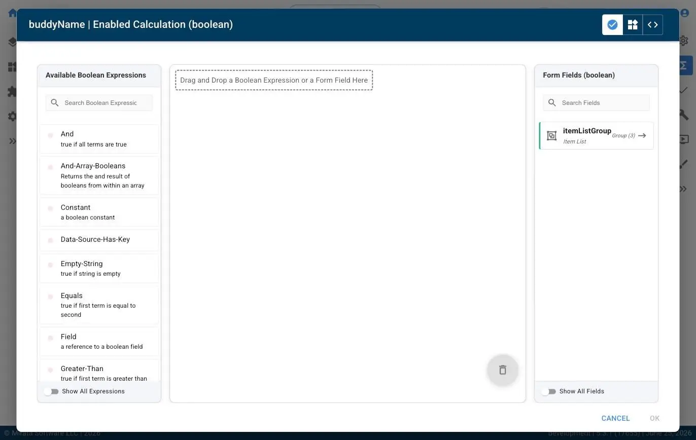 This screenshot shows the Mirata platform's interface for creating boolean calculations. Users can drag and drop available boolean expressions and form fields to build complex logic.