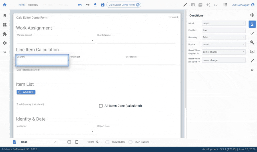 Mirata Calc Editor Demo Form with Conditions Panel