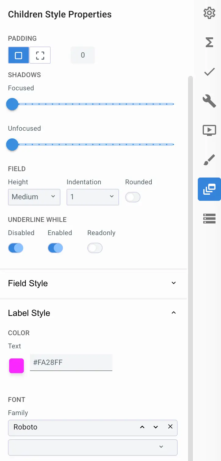 Mirata Children Style Properties screen showing customization options for padding, shadows, field, and label styles.