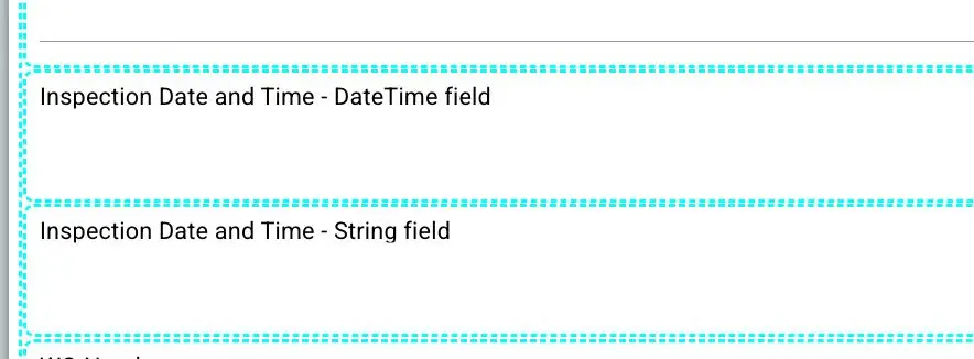 The screenshot displays a form field configuration interface within the Mirata platform. It shows the options for 'Inspection Date and Time' with different field types, such as DateTime and String.