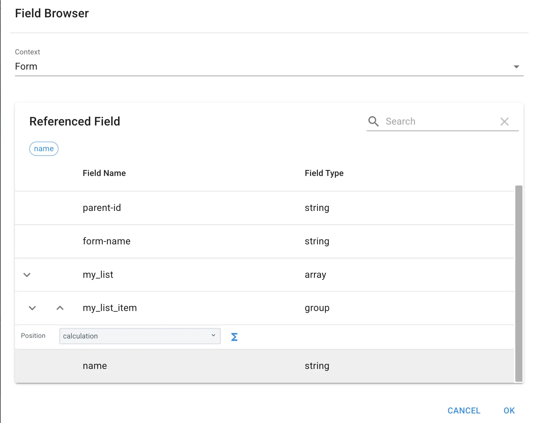 Mirata Field Browser in Form Context showing Referenced Field table with field names and types.