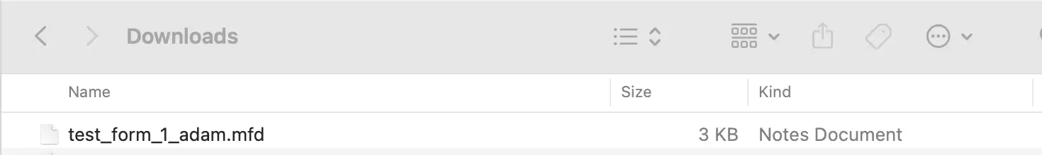 Downloads folder showing test_form_1_adam.mfd file