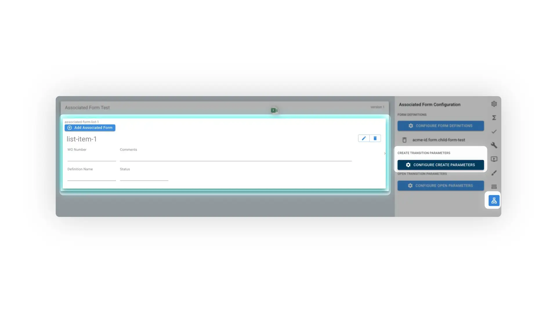 Mirata Associated Form Test screen showing form configuration options and list item details