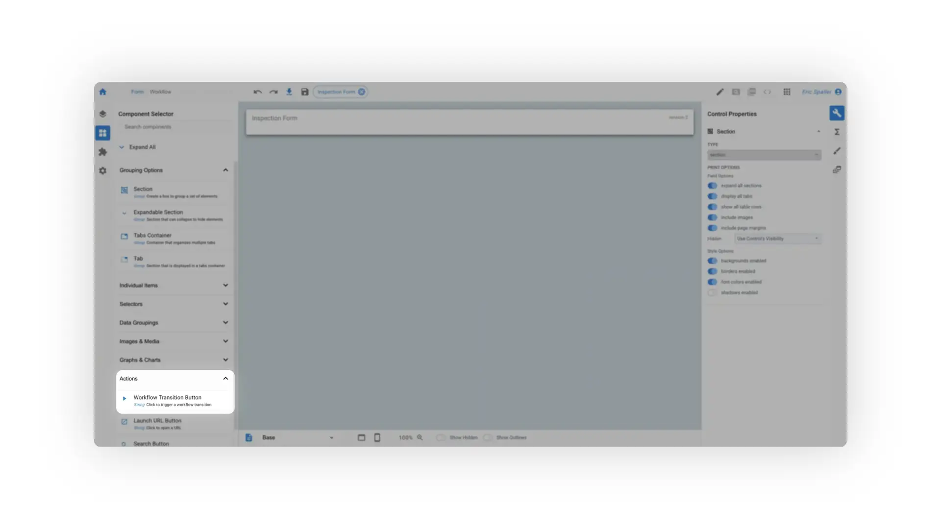 Mirata platform interface showing Inspection Form design with Component Selector and Control Properties panels.