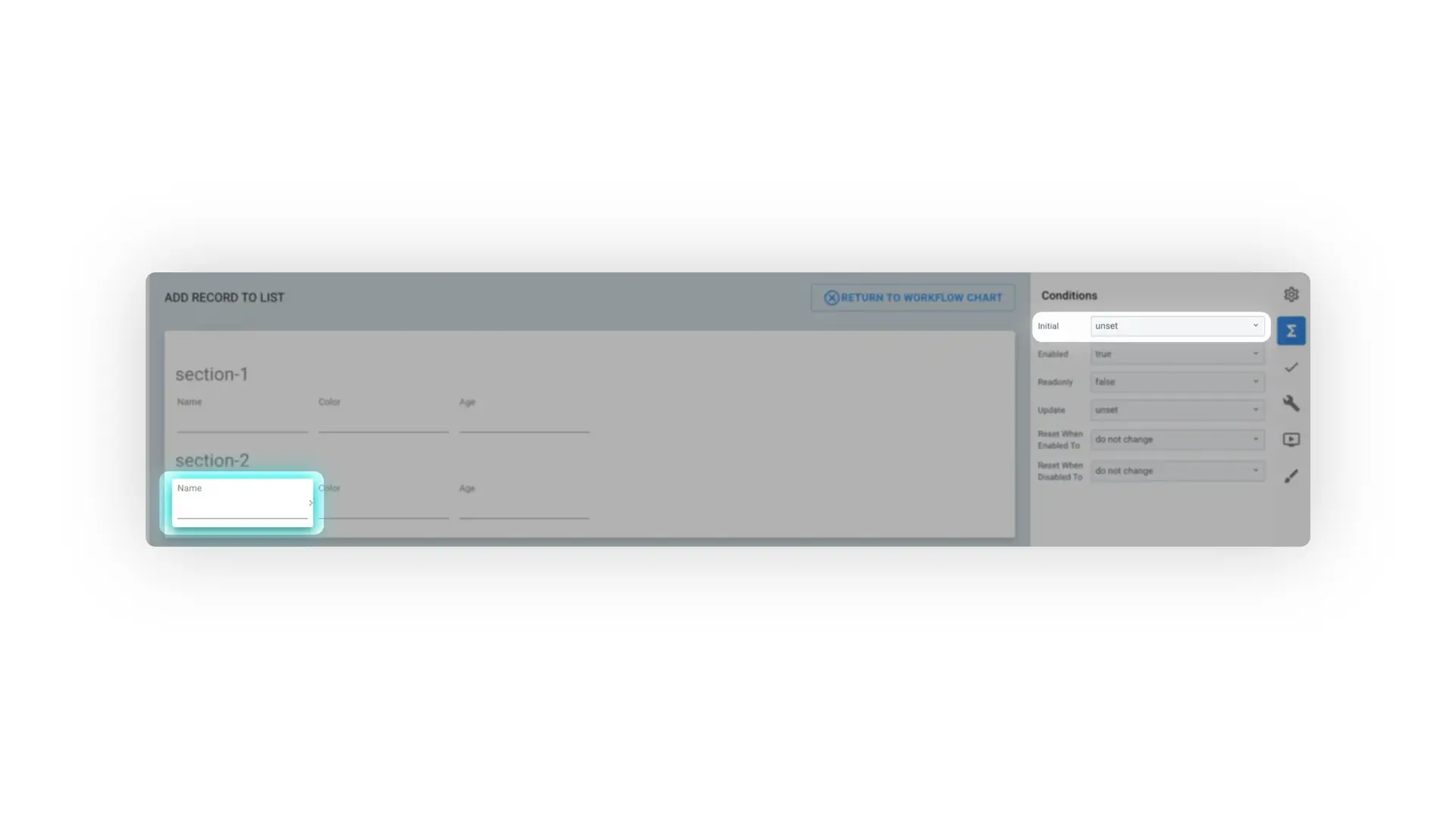 Mirata form interface for adding records to a list with conditions panel and return to workflow chart button.