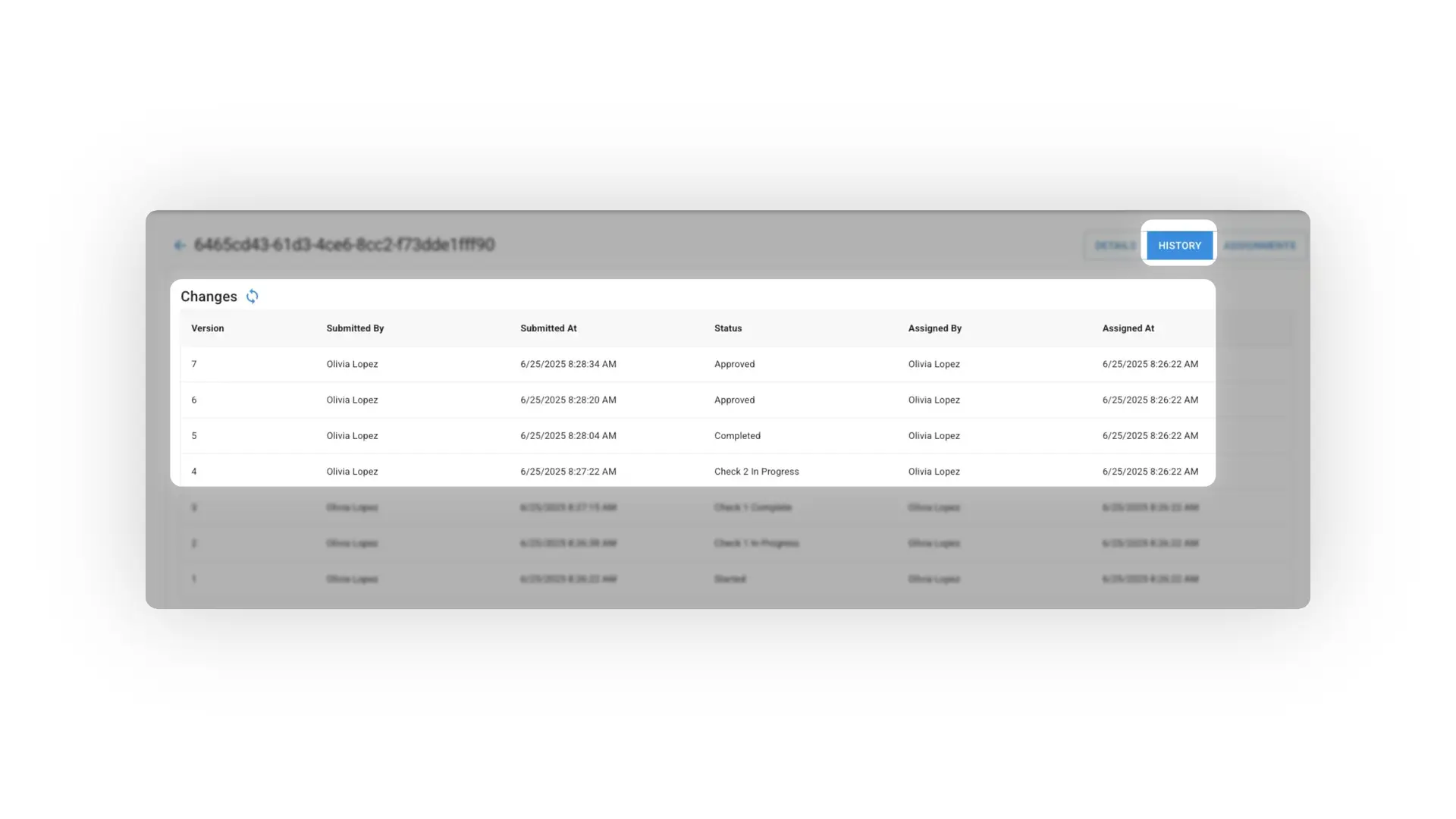 Mirata Unassigned Rights Data Management History Screen