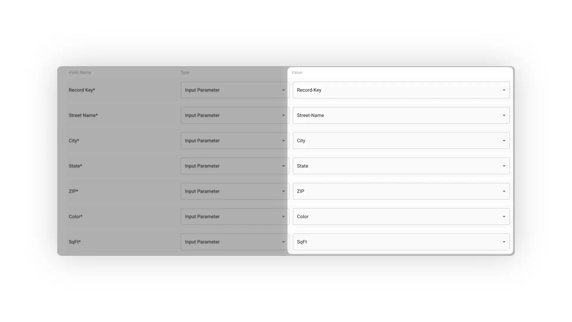 Mirata platform workflow integration actions screen showing field mapping with input parameters.